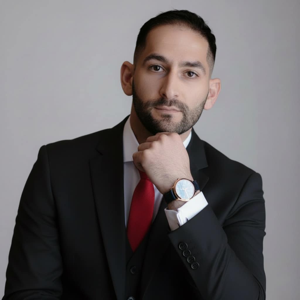 Obrázek muže v obleku s kravatou přemýšlejícího s rukou u tváře, na ruce má hodinky.