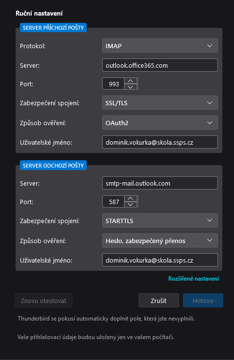 Nastavení e-mailu v Thunderbirdu: IMAP outlook.office365.com, SMTP smtp-mail.outlook.com, šifrování SSL/TLS, OAuth2.