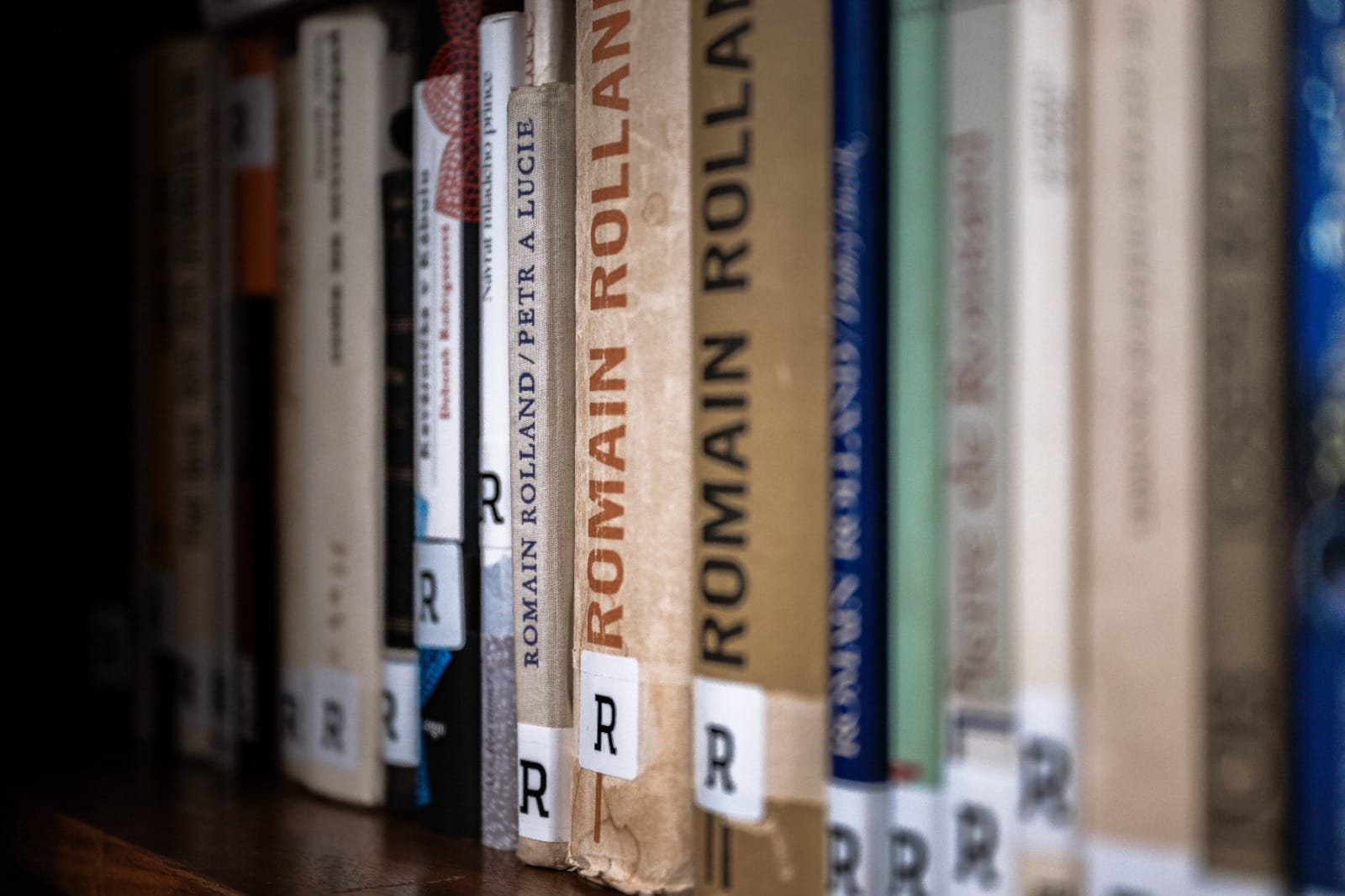 Hřbety knih v knihovně s nápisem Romain Rolland na hřbetu. Blízký pohled na řadu knih.