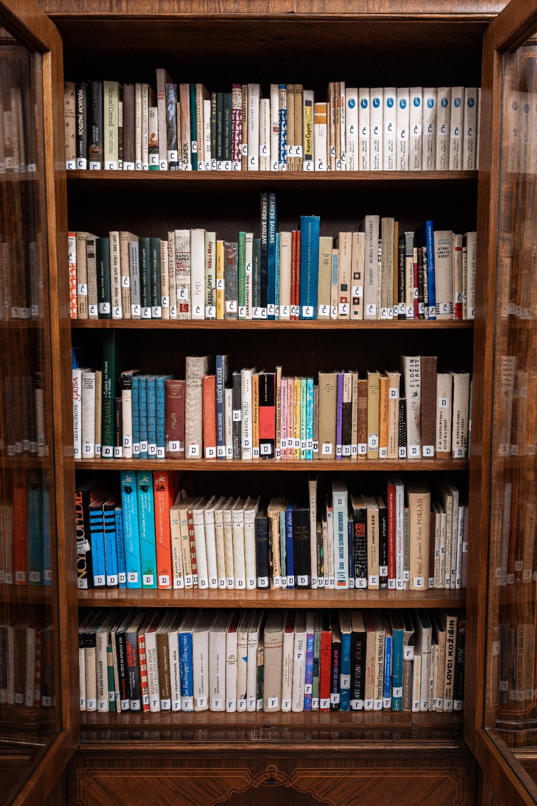 Dřevěná knihovna plná různorodých knih, zasazená do interiéru, uspořádané ve třech policích.
